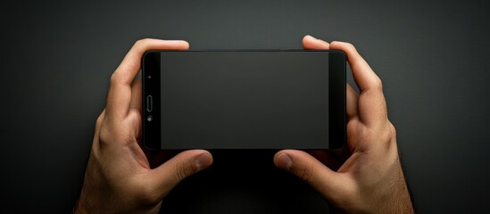 Hands holding blank phone screen, dark background, mockup