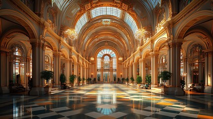 Obraz premium Grand Palace Lobby Sunlight streams through arched windows illuminating opulent interior, showcasing marble floors and gold detailing; ideal for luxury hotel marketing