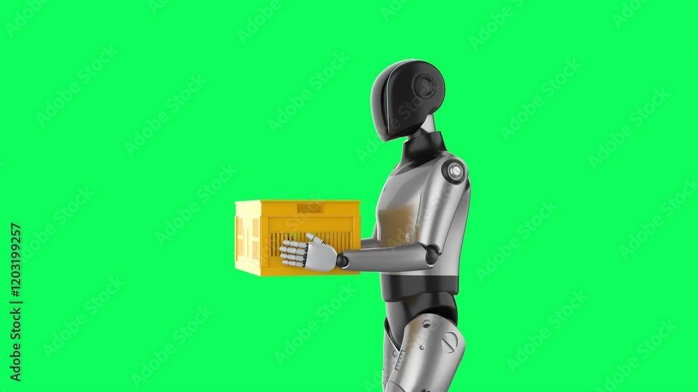 Poster smart logistic with delivery robot hold empty plastic crate isolated on green screen
