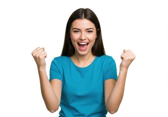 A joyful young woman wearing a blue T-shirt, raising her fists in celebration with an expressive and energetic pose isolated on white background