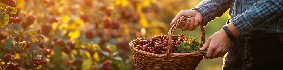 Person harvesting red berries in a wicker basket during sunset.