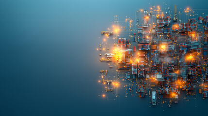 Innovative container shipping solutions transforming global trade port city digital artwork futuristic environment aerial viewpoint concept of connectivity