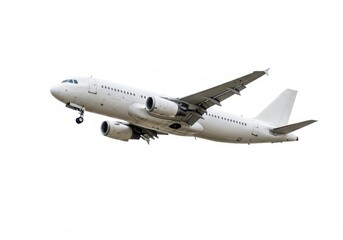 Obraz premium A modern commercial airplane in mid-flight with clean white exterior and visible windows isolated on white background