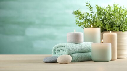 Spa Products An assortment of spa products arranged on a wooden table with towels, candles, and natural elements, creating a luxurious and inviting spa setting.