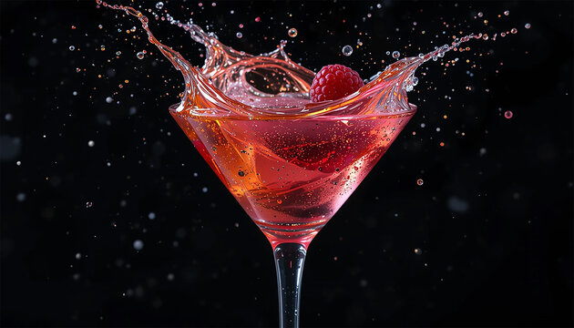 A vibrant raspberry martini garnished with fresh raspberries, featuring a splash of water for a refreshing touch.

