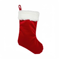 A classic red Christmas stocking with soft white faux fur trim at the top isolated on white background