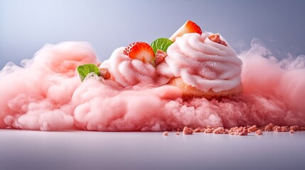 Pink Strawberry Dessert Nestled Soft Cotton Candy Cloud. AI Generated