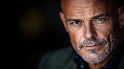 Fototapeta premium Dramatic Portrait Man Intense Gaze Warm Light. AI Generated