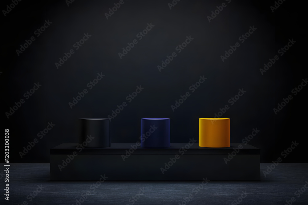 Poster black podium or pedestal display on dark background with long platform. blank product shelf standing