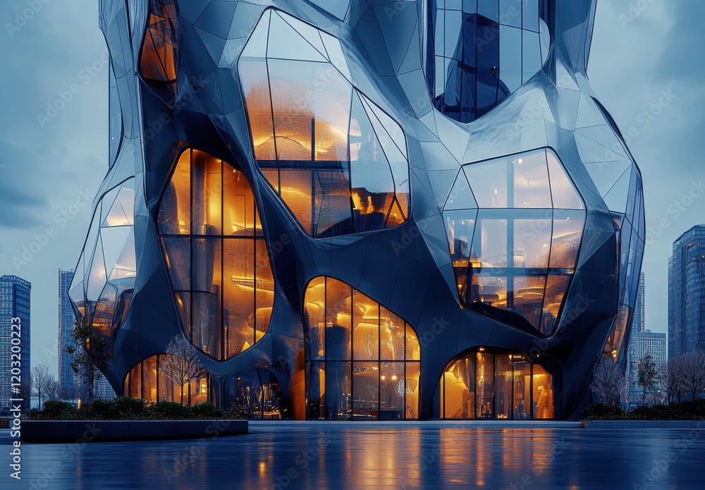 Poster abstract architectural design featuring innovative structure with striking illuminated facade and un