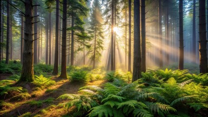 Obraz premium A mist-shrouded fir forest glows with an ethereal light in the fading sunlight, casting dappled shadows on the forest floor and revealing hidden ferns, serene, nature