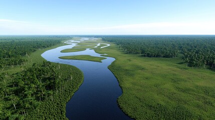 Aerial view of a lush jungle river