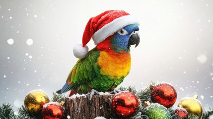 Fototapeta premium Cute parrot wearing Santa hat on tree stump with Christmas decorations