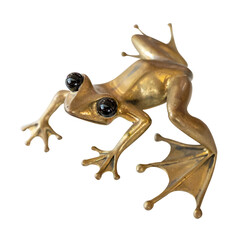 Die cut of figurine of a frog gold toy on white isolated.
