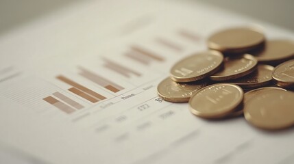 Coins on financial report, office desk, growth chart background, investment concept