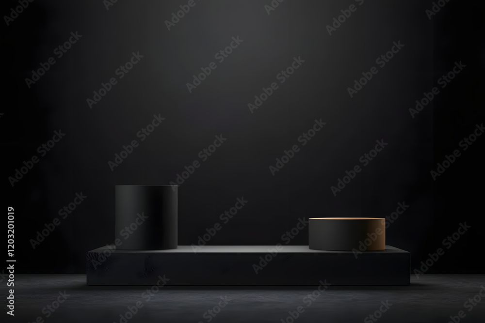 Poster black podium or pedestal display on dark background with long platform. blank product shelf standing