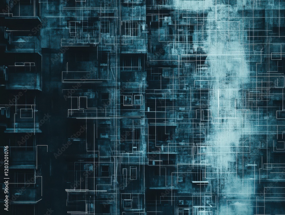 Poster abstract representation of industrial architecture featuring intricate line patterns, layers, and te