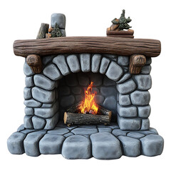 Cozy Stone Fireplace Winter Rustic Design Warm Home Decor 3d wood logs gray blue heat rock room     