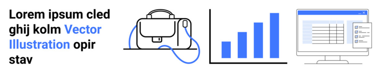 Laptop, bar graph, and desktop screen with content create a business presentation scene. Ideal for data analysis, financial reports, office work, business strategy, corporate training, web