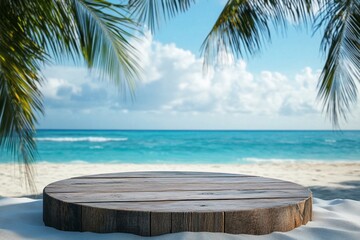 Wooden round platform on a sandy beach with palm trees and ocean view.