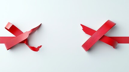 Red tape concept symbolizing bureaucracy and restriction. Broken and crossed tape on white background.