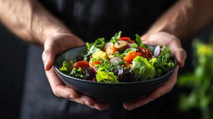 Hand holding a gourmet salad, fingers delicately gripping the bowl to showcase the ingredients.