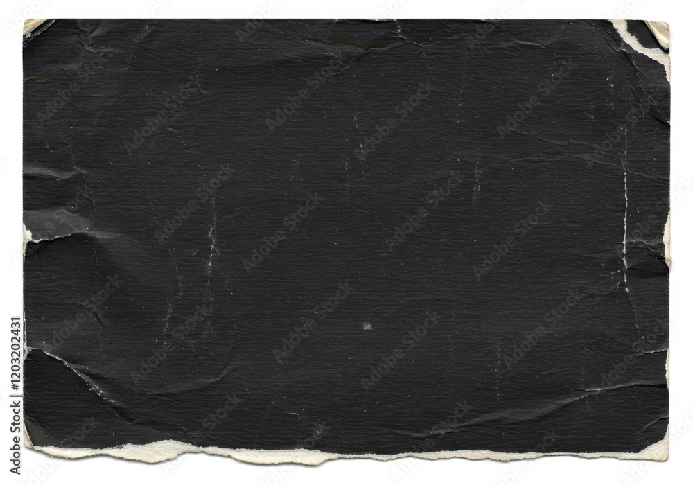 Poster a worn and slightly torn black paper with visible texture and scratches isolated on white background