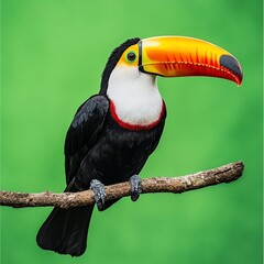 Vibrant toucan perched on branch against green background. (1)