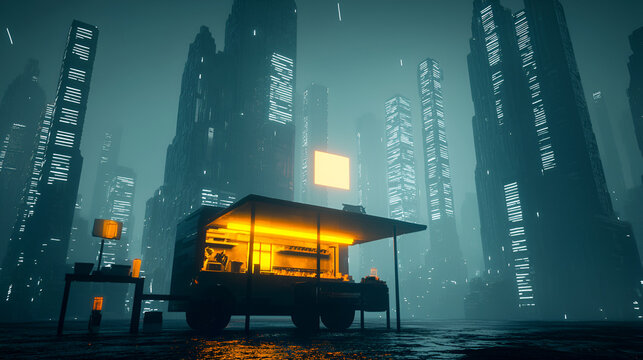 Futuristic food truck night city rain cyberpunk ad