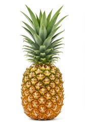 Fototapeta premium A fresh pineapple with a golden-yellow textured surface and spiky green leaves on top isolated on white background