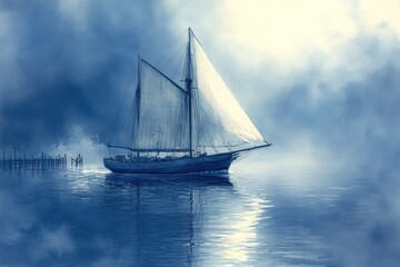 Fototapeta premium Sailboat glides, serene blue waters, misty sky.