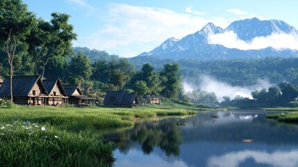 Naklejka premium Serene Village by the Lake