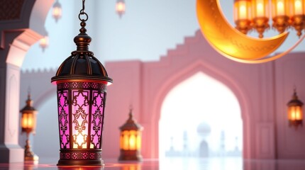 Obraz premium Ethereal Ramadan background 3D modern Islamic art depicting an ornamental Arabic lantern, metal moon, and mosque portal. Vibrant complimentary colors 
