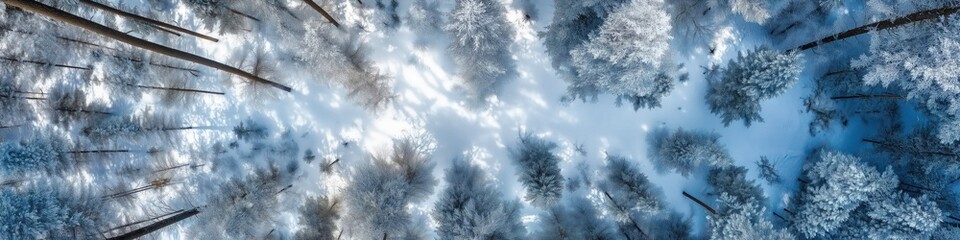 Winter Wonderland: A breathtaking perspective of a snow-laden forest, with frosted branches reaching towards a luminous sky, captures the tranquility and beauty of a winter wonderland.