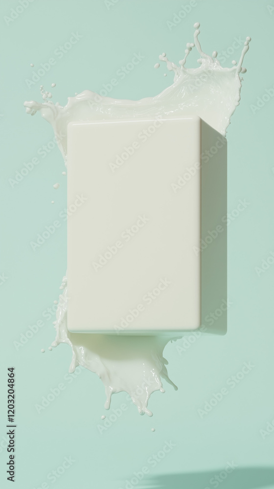 Poster milk splash cube: a pristine white cube is dramatically suspended amidst a dynamic splash of creamy 