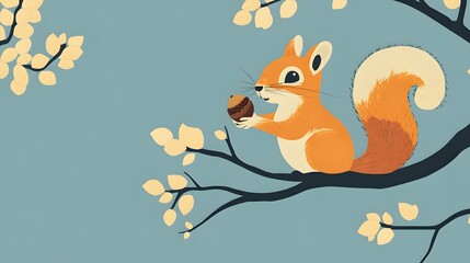 Fototapeta premium Playful squirrel holding acorn autumn tree branch digital illustration cozy environment whimsical concept