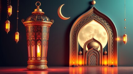 Fototapeta premium Ethereal Ramadan background 3D modern Islamic art depicting an ornamental Arabic lantern, metal moon, and mosque portal. Vibrant complimentary colors 