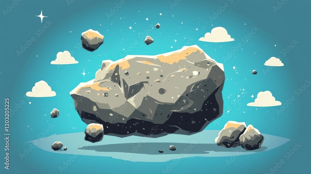 Poster illustration of a large asteroid floating in space with smaller rocks and clouds in the background