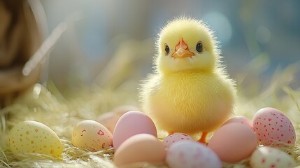 A small yellow chick with colorful Easter eggs, symbolizing springtime and the Easter celebration