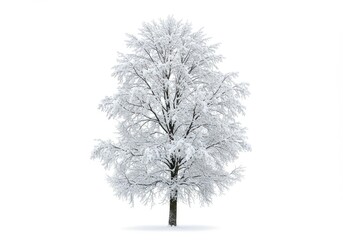 Fototapeta premium A tall tree covered in layers of snow on its branches, symbolizing winter serenity, isolated on a white background