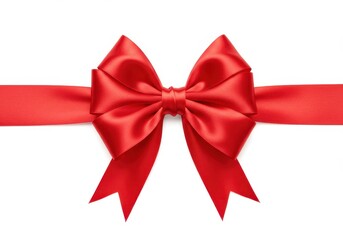 Fototapeta premium A bright red satin bow with long ribbon tails arranged symmetrically symbolizing celebration or gift decoration isolated on a white background