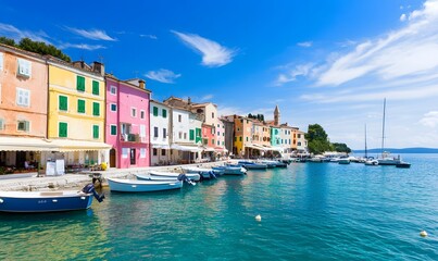 Obraz premium Beautiful harbor view with colorful houses and boats, Generative AI