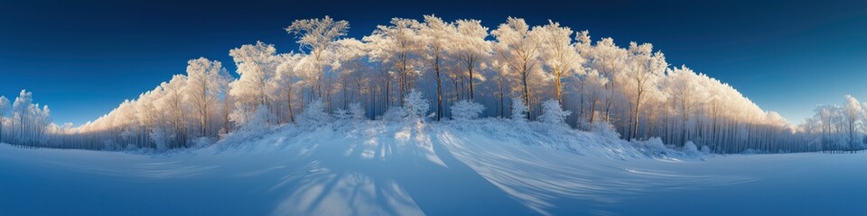 Winter Wonderland: A mesmerizing panoramic view of a snow-covered forest bathed in a ethereal blue light, with frost-covered trees creating a whimsical, almost otherworldly scene.  