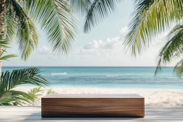 Fototapeta premium Wooden display platform on beach with palm trees and ocean.