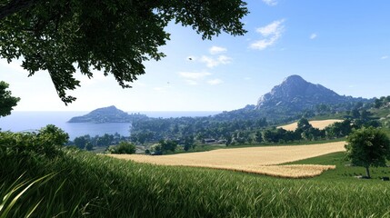 Tranquil Coastal Landscape with Golden Wheat Field