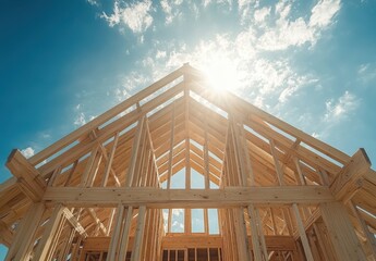 Bright Sunlight Illuminates the Framework of a Newly Constructed Home Under a Clear Blue Sky with Beautiful Architectural Design Elements and Wood Beams