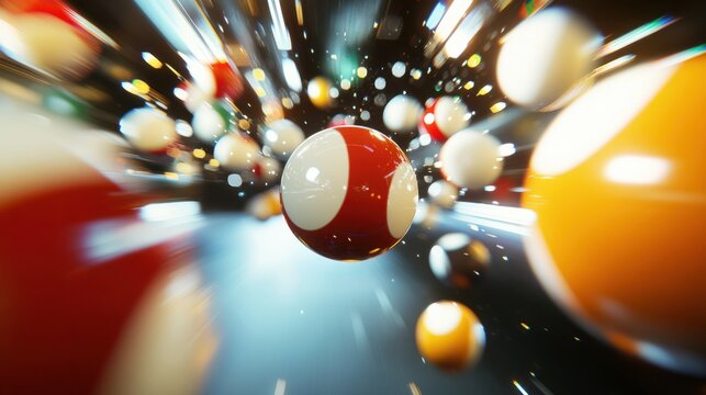 A dynamic shot of billiard balls colliding, showing motion blur and energy, with the table in focus