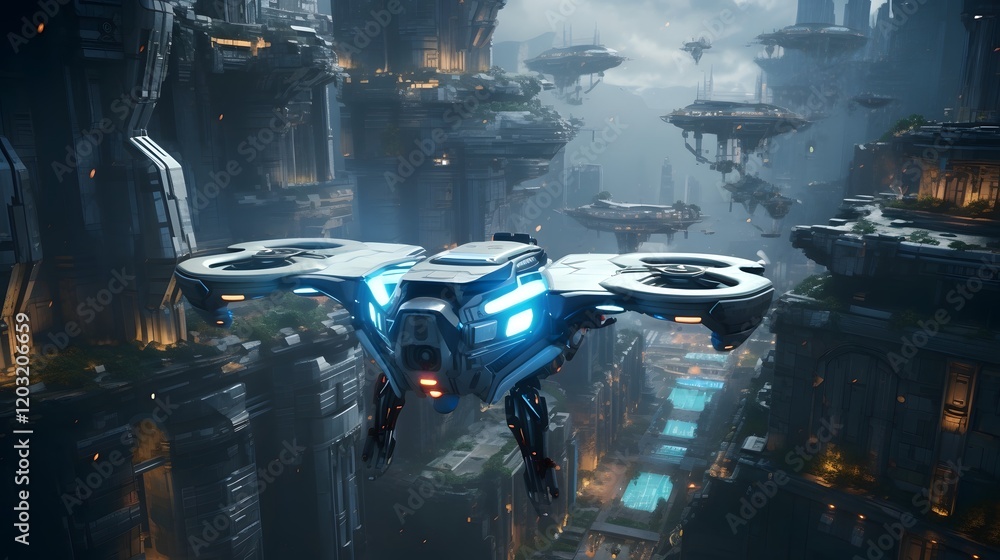 Poster aerial view of a futuristic city in lockdown with drones and surveillance systems monitoring the urb
