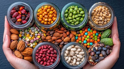 Colorful snacks and nuts in jars, held in hands, dark background, healthy eating concept