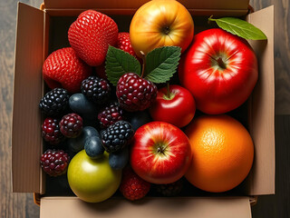 Colorful Fresh Fruits in Eco-Friendly Box – Apples, Berries, and Citrus Fruits for Healthy Sustainable Living

